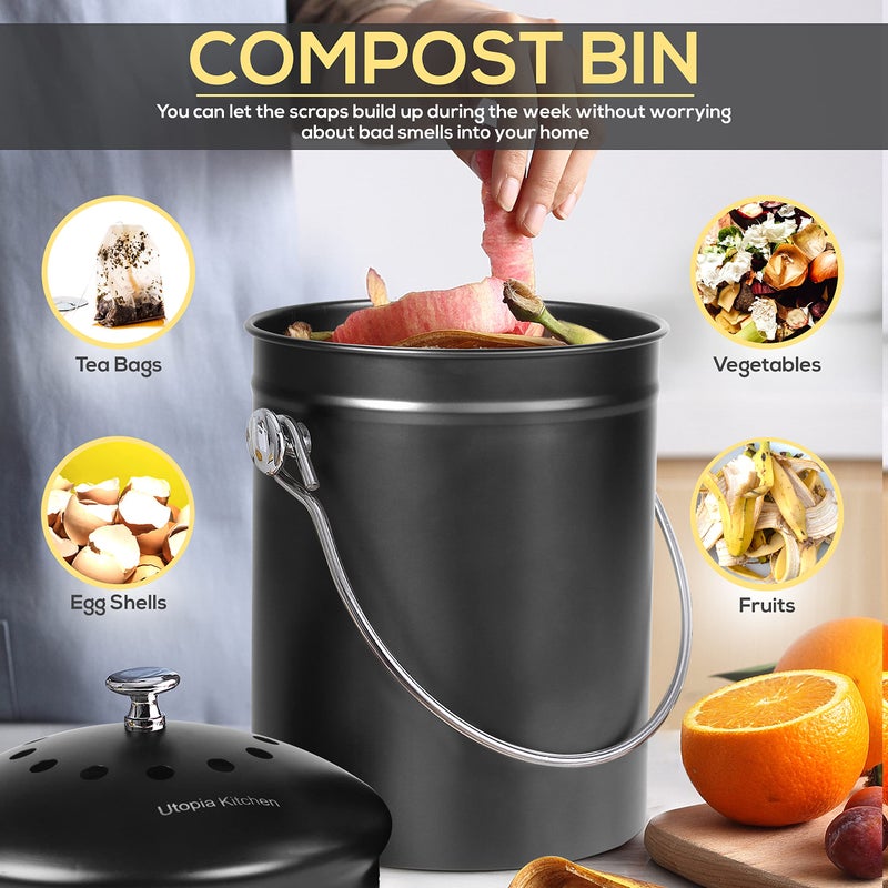 Utopia Kitchen Compost Bin for Kitchen Countertop, 1.3 Gallon Compost Bucket for Kitchen with Lid, Includes 1 Spare Charcoal Filter (Black) - Image 3